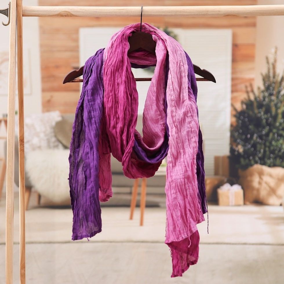 Hand-Spun Wrinkled Cotton Scarf Dyed in Magenta and Pink 'Vibrant Caprice'