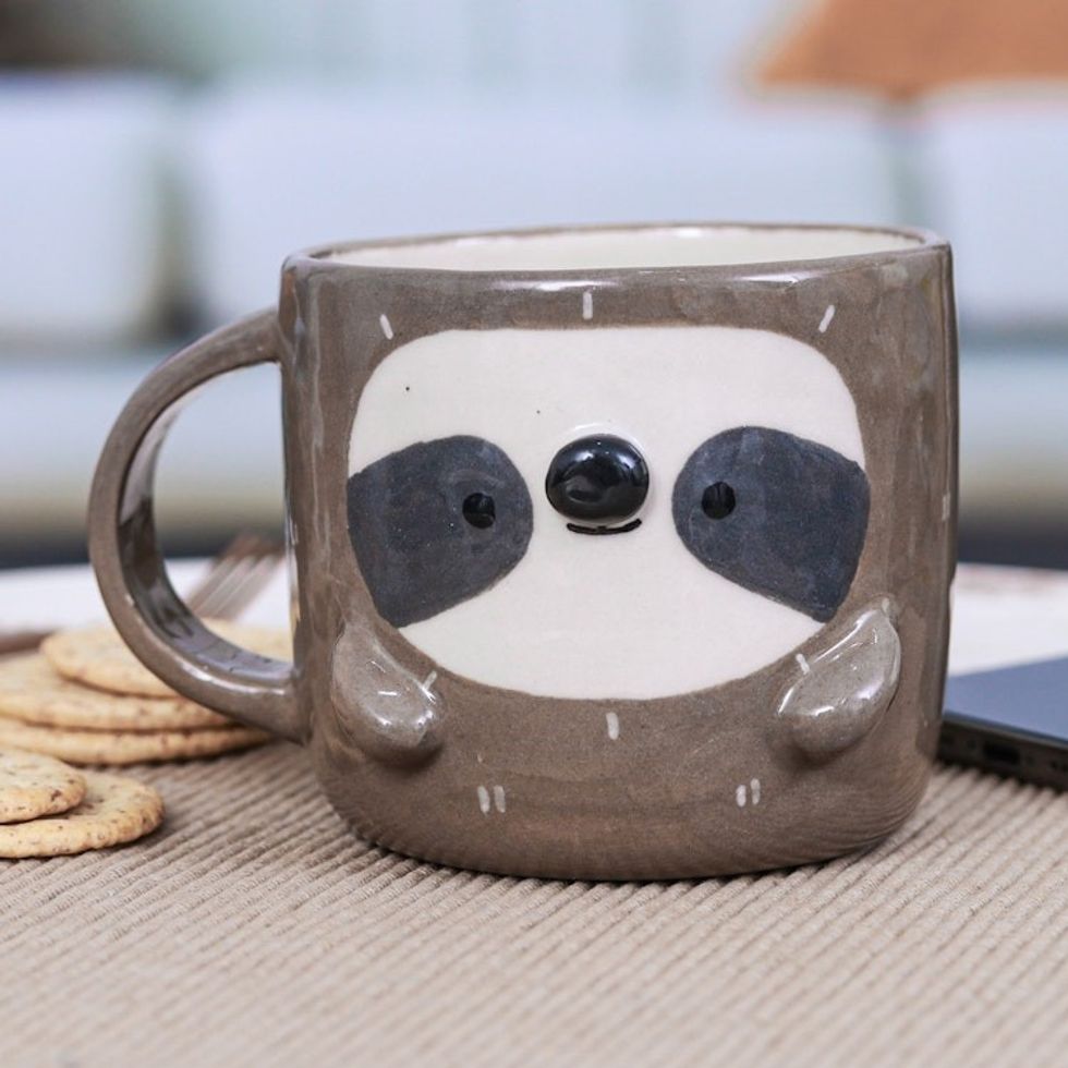 Handcrafted 9 oz Glossy-Finished Ceramic Sloth Mug 'Sloth Morning'