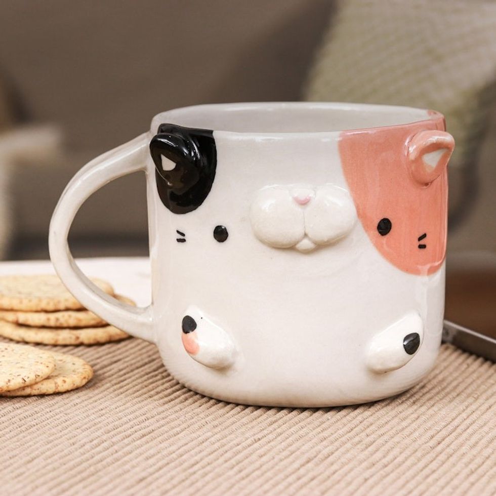 Whimsical Animal-Themed Handcrafted Calico Cat Mug 'Calico Morning'