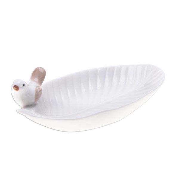 Alternate image for Handcrafted Bird-Themed Leaf-Shaped White Ceramic Catchall Chants of Peace