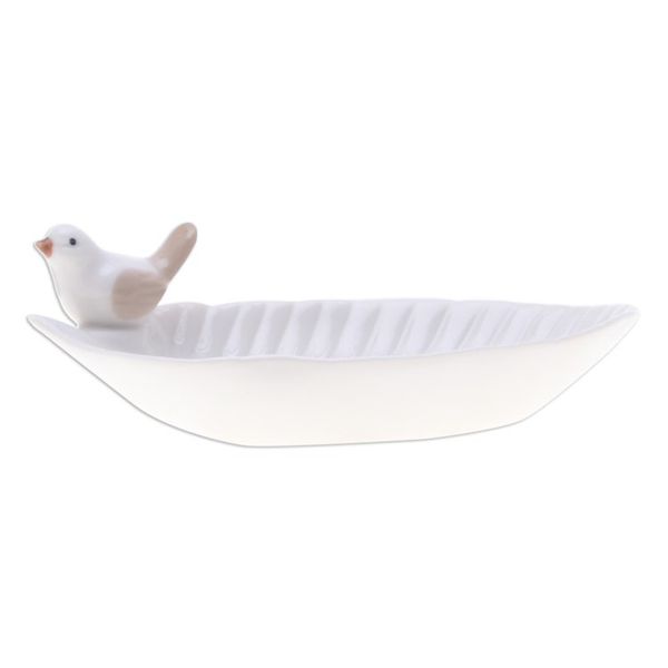 Alternate image for Handcrafted Bird-Themed Leaf-Shaped White Ceramic Catchall Chants of Peace