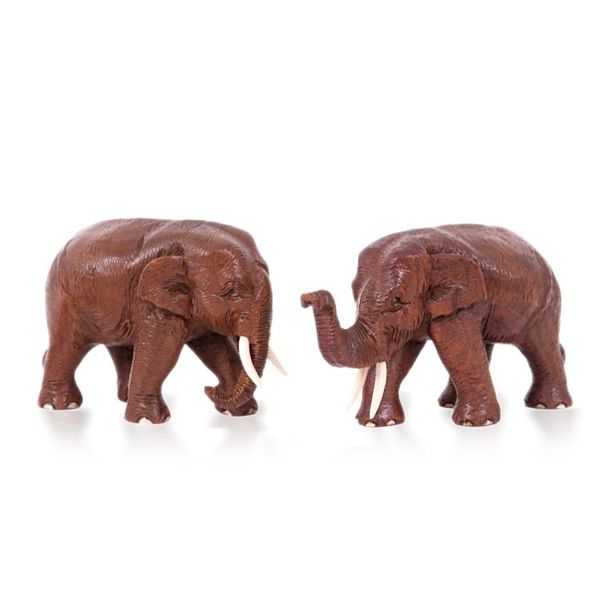 Alternate image for 2 Wood Sculptures of Elephants with their Trunks Up and Down Forever Love