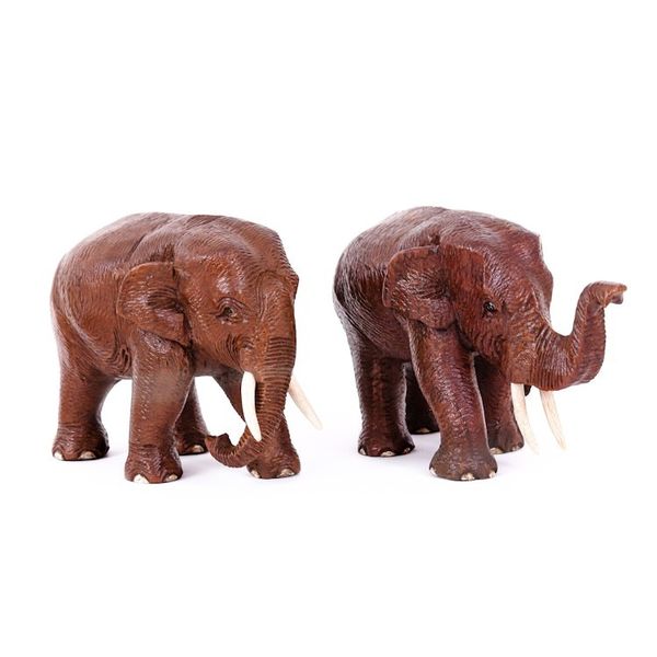 Alternate image for 2 Wood Sculptures of Elephants with their Trunks Up and Down Forever Love