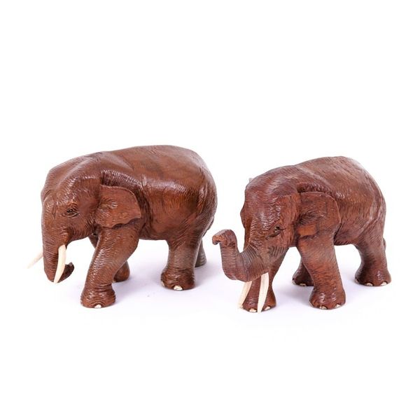 Alternate image for 2 Wood Sculptures of Elephants with their Trunks Up and Down Forever Love