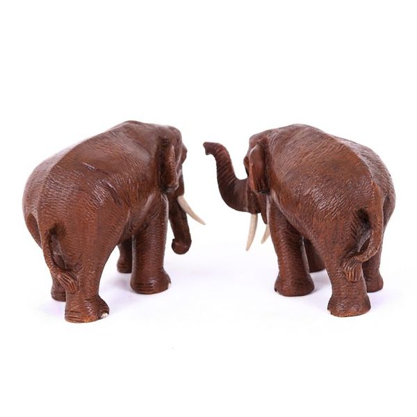 Alternate image for 2 Wood Sculptures of Elephants with their Trunks Up and Down Forever Love