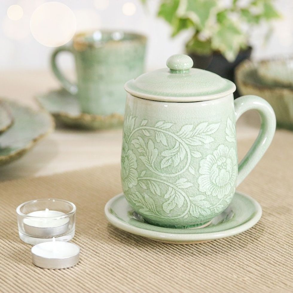 Floral Crackled Green Celadon Ceramic Covered Cup and Saucer 'Luxury Peony in Green'