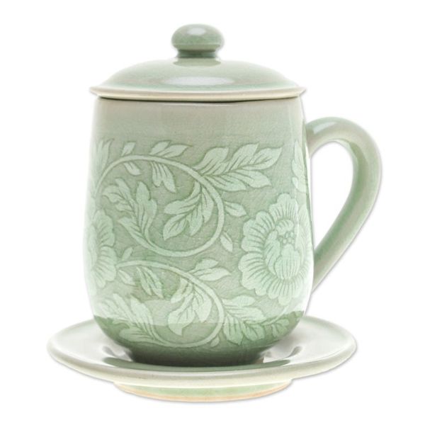 Alternate image for Floral Crackled Green Celadon Ceramic Covered Cup and Saucer Luxury Peony in Green