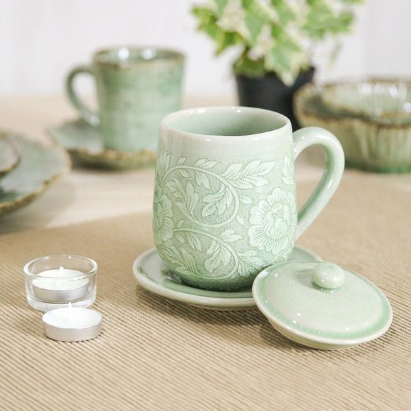 Alternate image for Floral Crackled Green Celadon Ceramic Covered Cup and Saucer Luxury Peony in Green