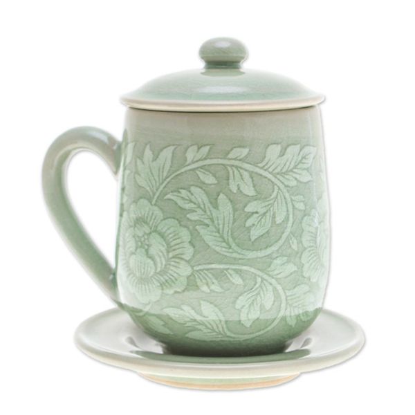 Alternate image for Floral Crackled Green Celadon Ceramic Covered Cup and Saucer Luxury Peony in Green