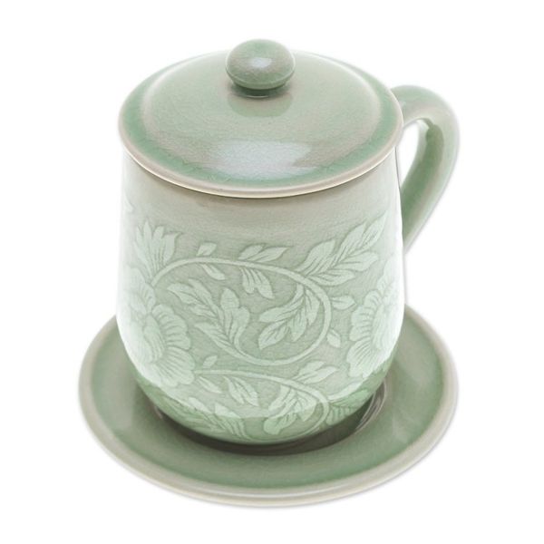 Alternate image for Floral Crackled Green Celadon Ceramic Covered Cup and Saucer Luxury Peony in Green