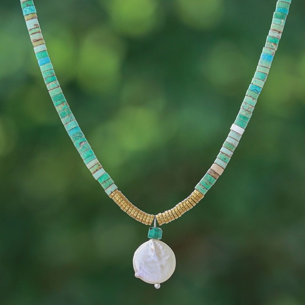 Recon Turquoise and Hematite Necklace with Pearl Pendant 'Lagoon Moon'