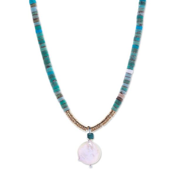 Alternate image for Recon Turquoise and Hematite Necklace with Pearl Pendant Lagoon Moon