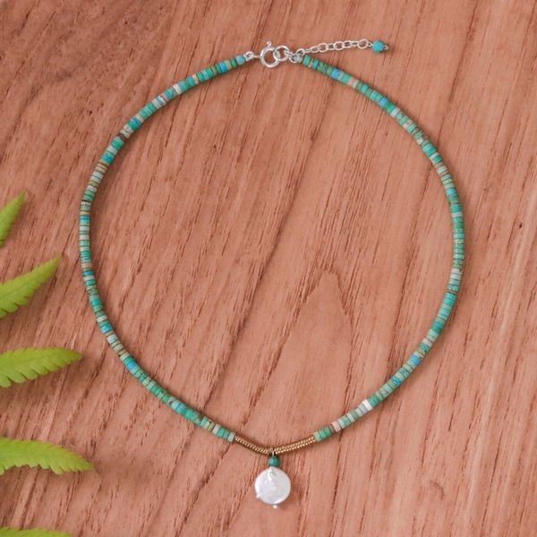 Alternate image for Recon Turquoise and Hematite Necklace with Pearl Pendant Lagoon Moon
