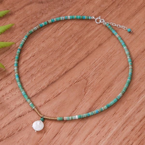 Alternate image for Recon Turquoise and Hematite Necklace with Pearl Pendant Lagoon Moon