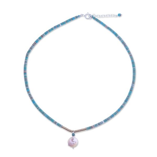 Alternate image for Recon Turquoise and Hematite Necklace with Pearl Pendant Lagoon Moon