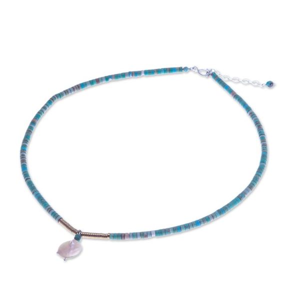Alternate image for Recon Turquoise and Hematite Necklace with Pearl Pendant Lagoon Moon