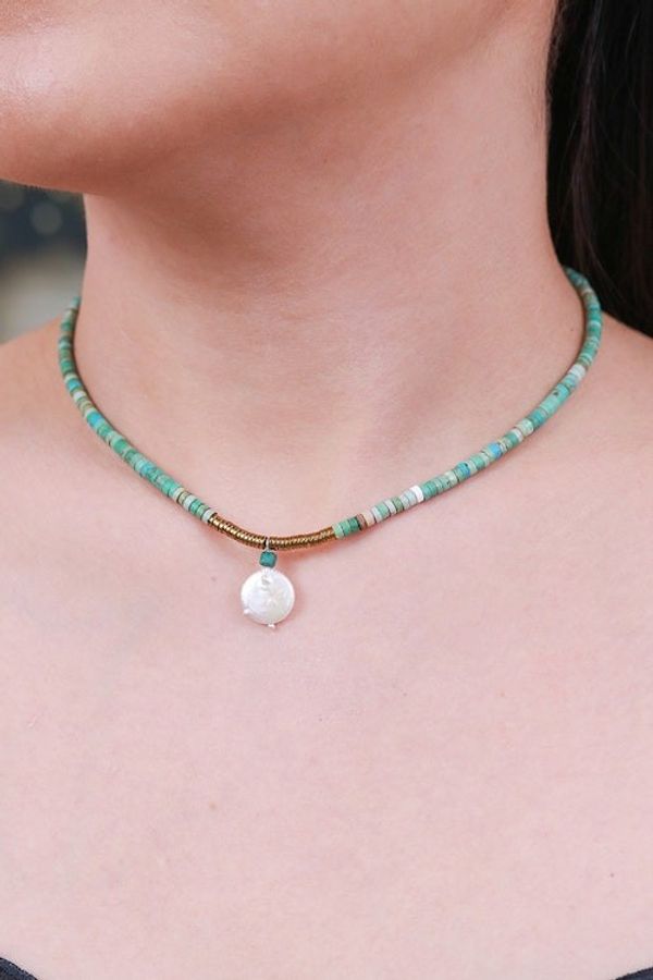 Alternate image for Recon Turquoise and Hematite Necklace with Pearl Pendant Lagoon Moon
