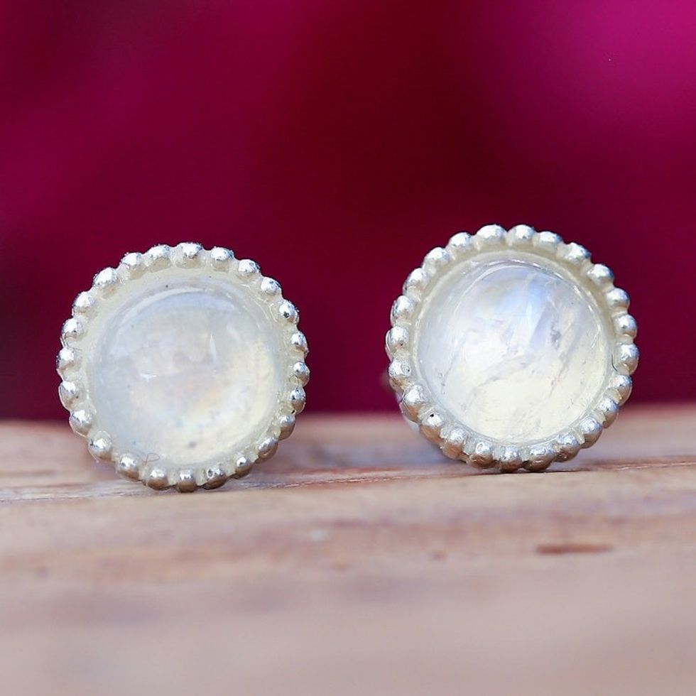 Silver Stud Earrings with Natural Rainbow Moonstone Gems 'Luminous Flair'