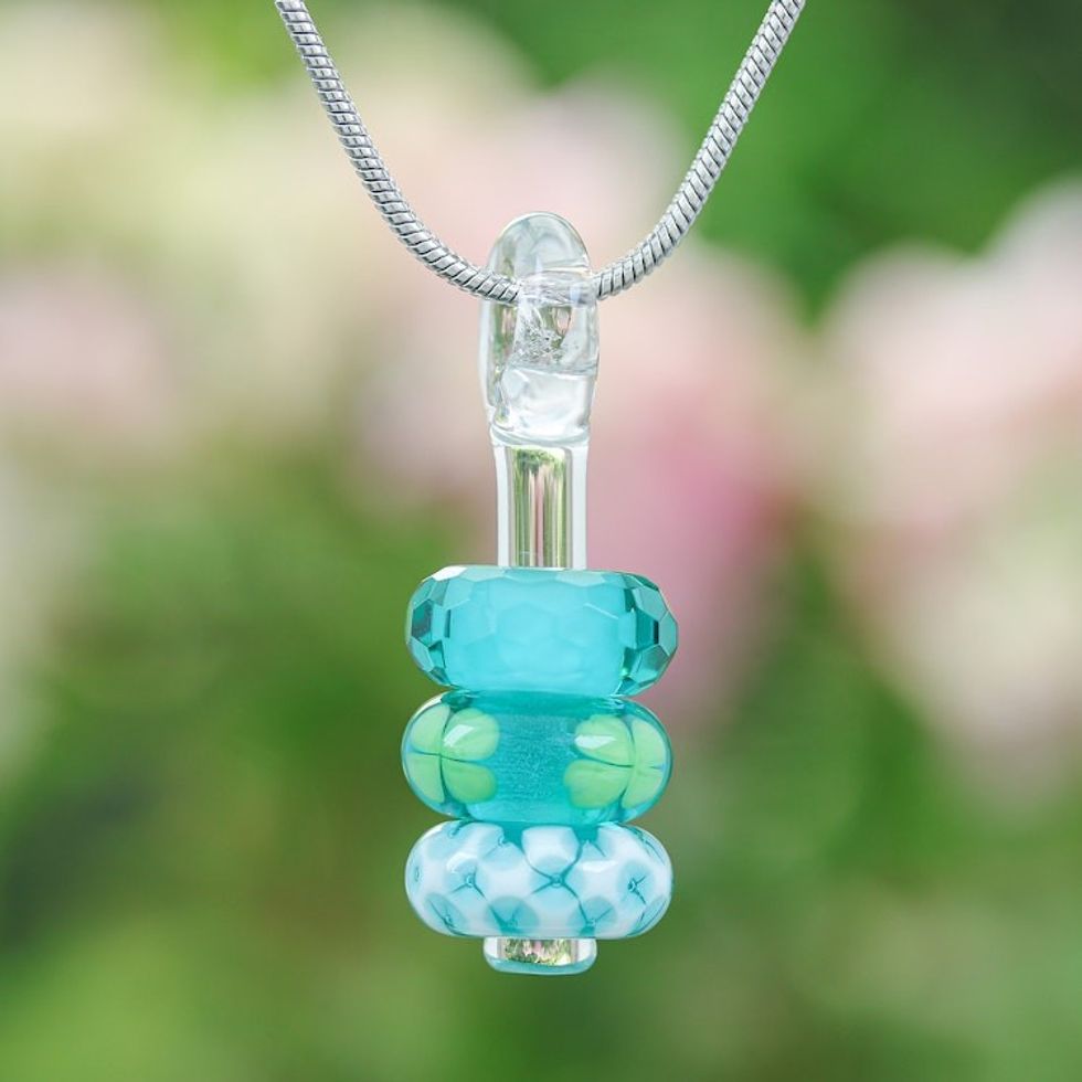 Leafy Blue and Green Glass Beaded Pendant Necklace 'Lucky Amulets'