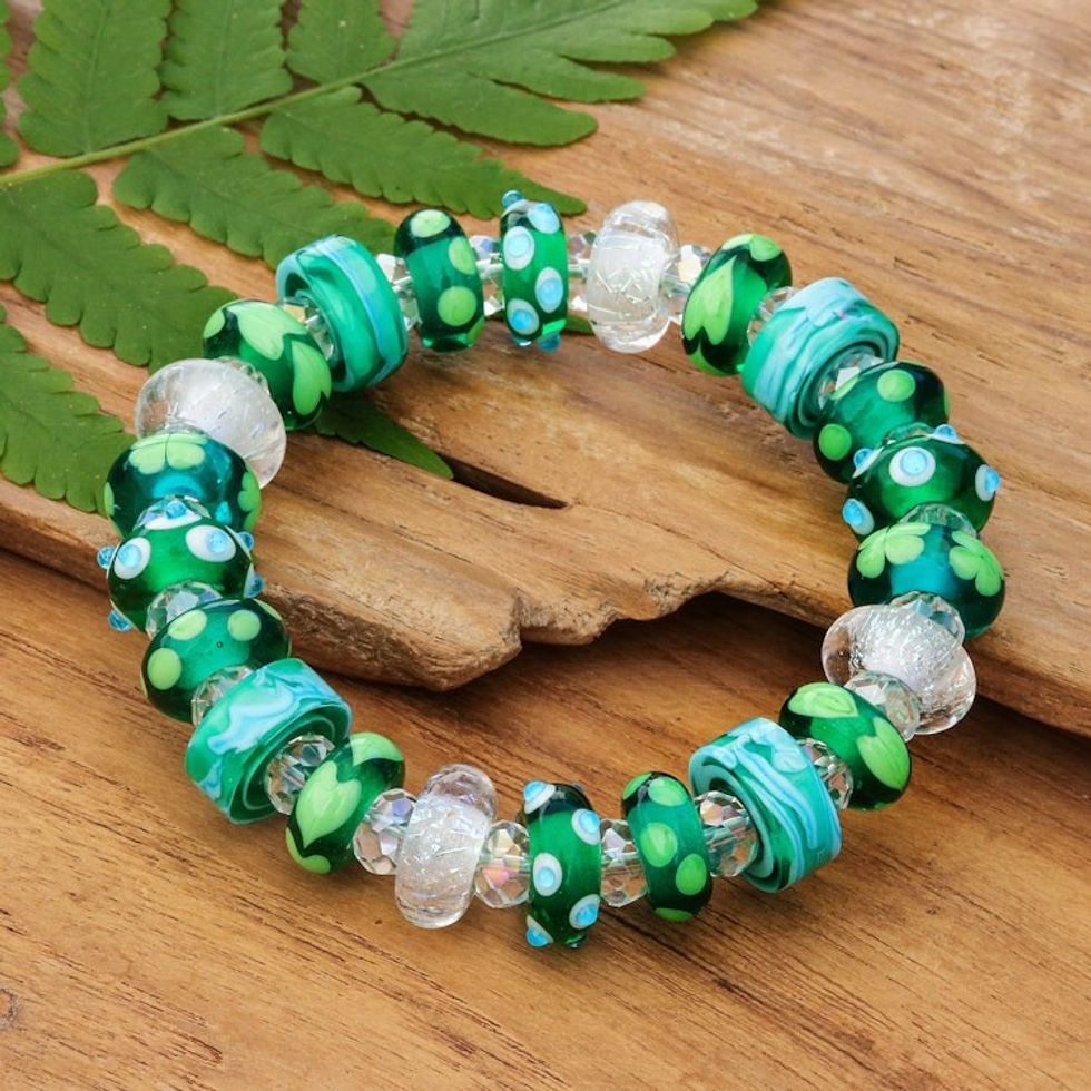 Blown Glass Crystal Beaded Stretch Bracelet in Green Shade 'Verdant Spell'