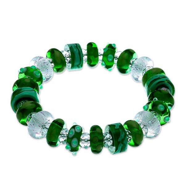 Alternate image for Blown Glass Crystal Beaded Stretch Bracelet in Green Shade Verdant Spell
