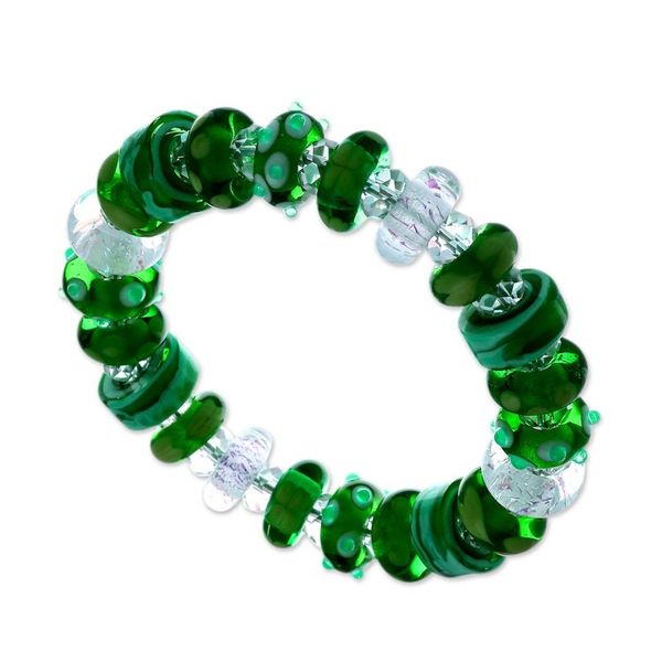 Alternate image for Blown Glass Crystal Beaded Stretch Bracelet in Green Shade Verdant Spell