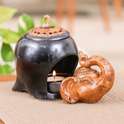 Main image for Thai Handmade Elephant-Themed Dark Grey Ceramic Oil Warmer Gentle Giants Palace