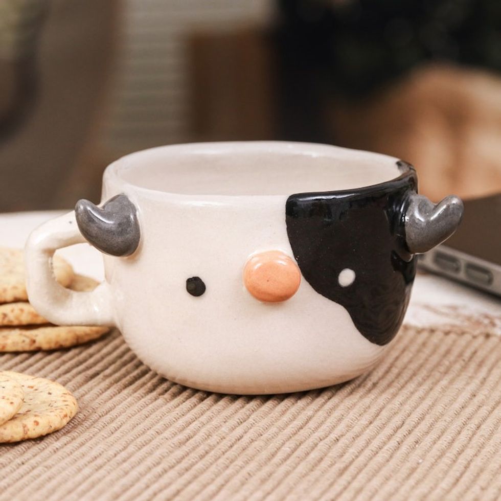 Artisan-Made Cow-Shaped Ceramic Espresso Cup from Thailand 'Cow Demitasse'
