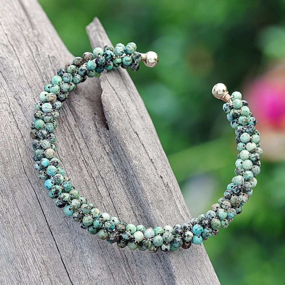 Reconstituted Turquoise Beaded Cuff Bracelet from Thailand 'Sublime Beauty'
