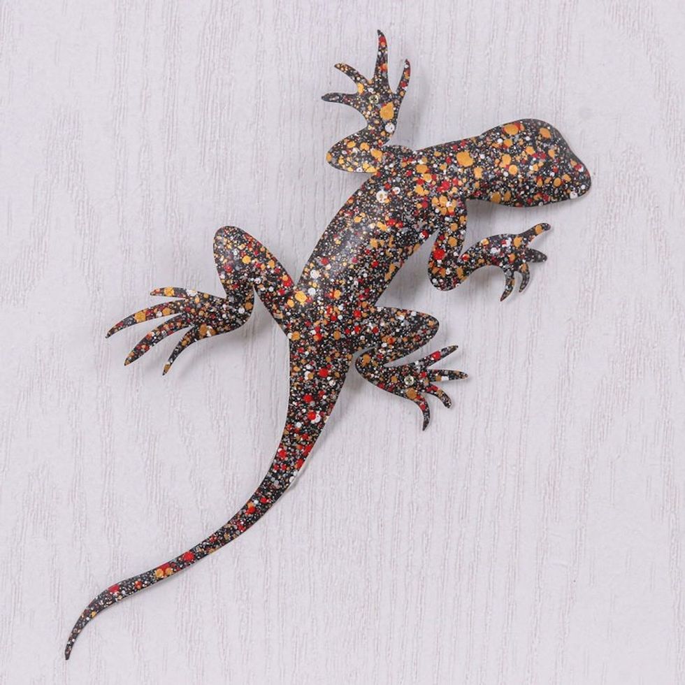 Handcrafted Salamander-Shaped Colorful Iron Wall Art 'Festive Salamander'