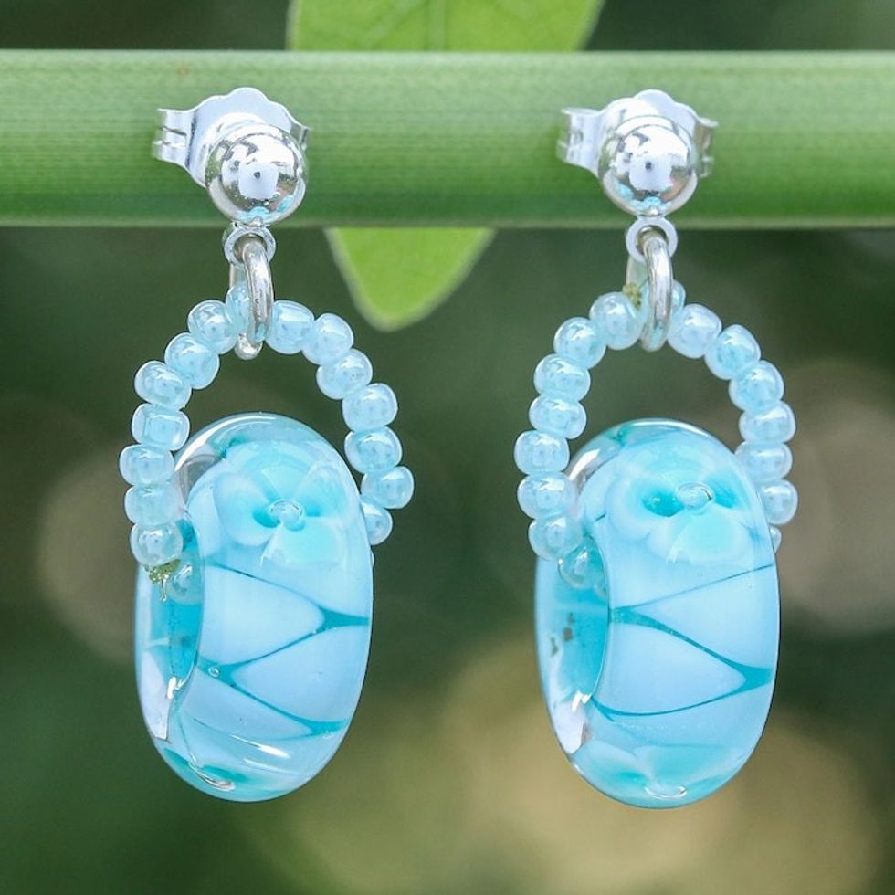 Handblown Glass Beaded Dangle Earrings in Lagoon Blue Hues 'Lagoon Sentiment'