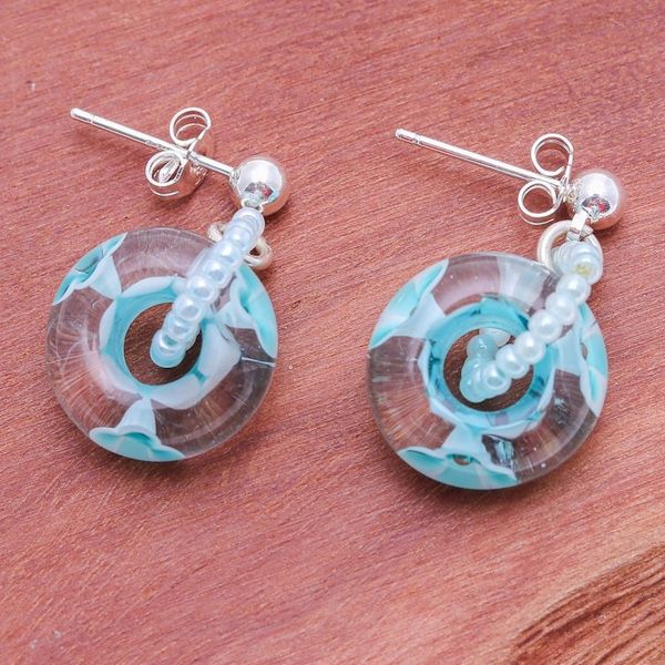 Alternate image for Handblown Glass Beaded Dangle Earrings in Lagoon Blue Hues Lagoon Sentiment