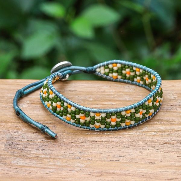 Alternate image for Adjustable Green and Ivory Glass Beaded Wristband Bracelet Peace at the Jungle