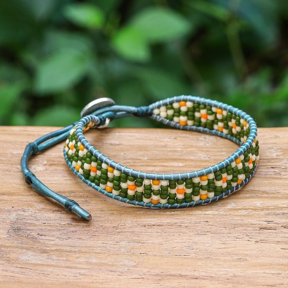 Adjustable Green and Ivory Glass Beaded Wristband Bracelet 'Peace at the Jungle'