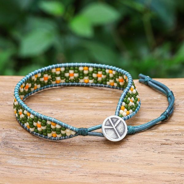 Alternate image for Adjustable Green and Ivory Glass Beaded Wristband Bracelet Peace at the Jungle