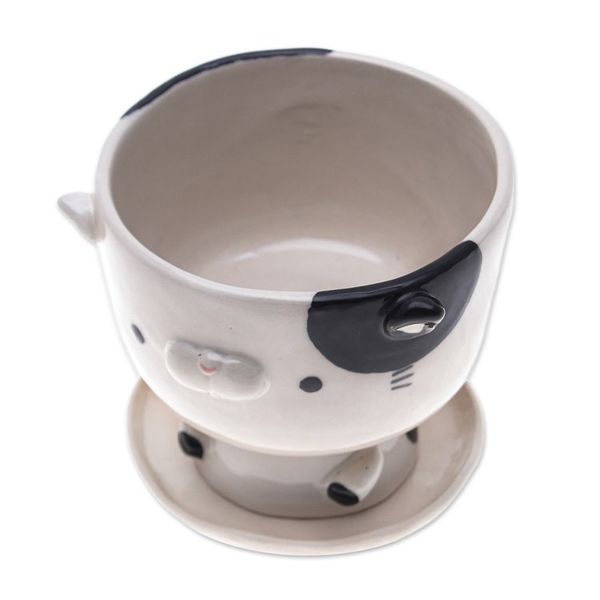 Alternate image for Cat-Shaped Ivory Black Ceramic Mini Flower Pot with Saucer Adorable Kitty