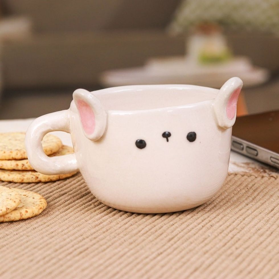 Thai Handcrafted Animal-Themed Ceramic Bunny Espresso Cup 'Bunny Demitasse'