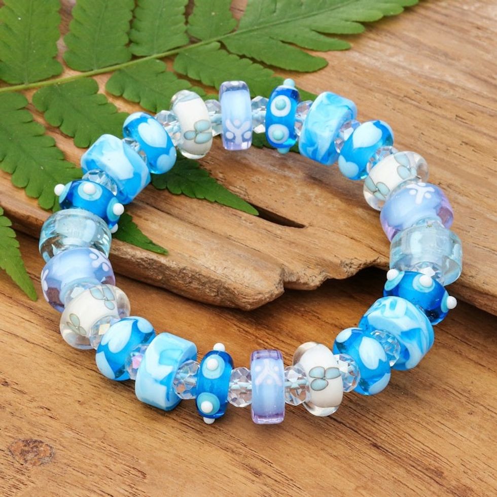 Art Glass Crystal Beaded Stretch Bracelet in Light Blue Hue 'Celestial Spell'