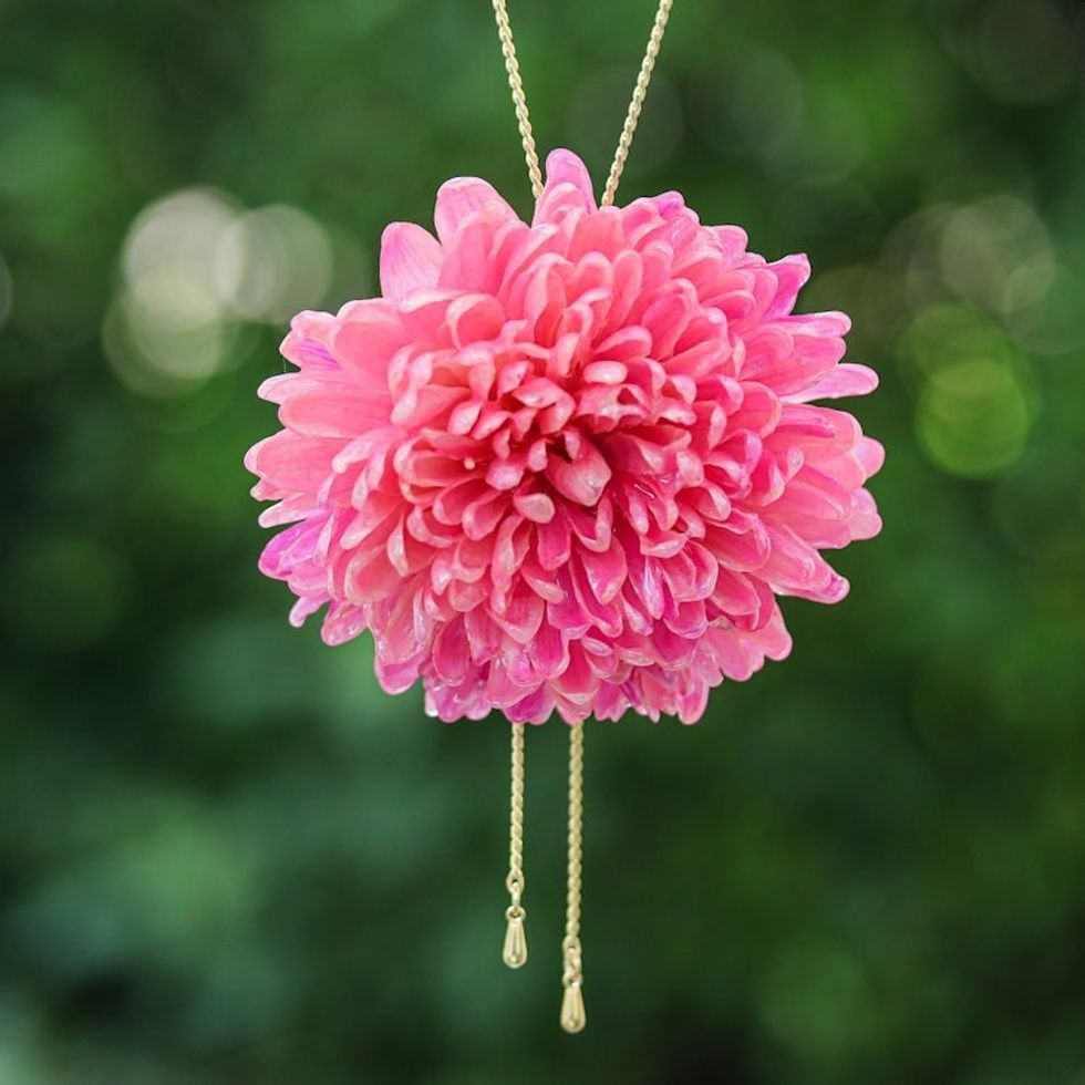 Gold-Plated Hot Pink Chrysanthemum Flower Lariat Necklace 'Happy Hot Pink'