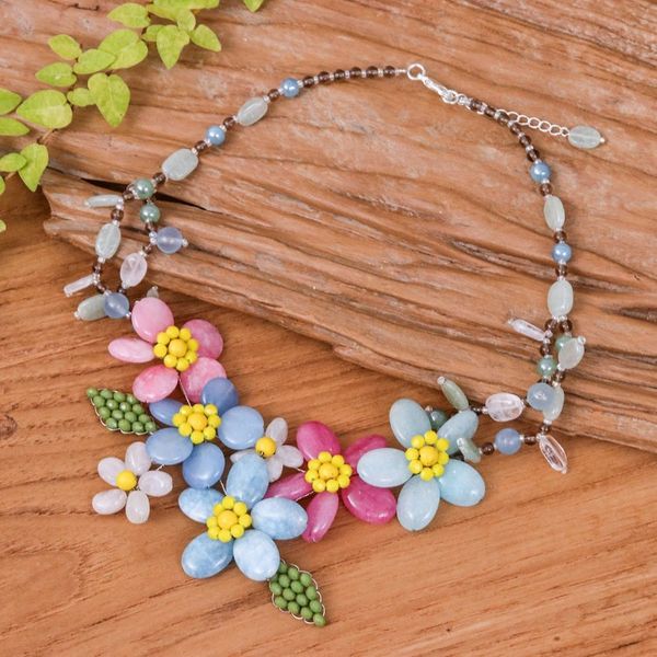 Alternate image for Blue and Pink Spring-Themed Quartz and Glass Beaded Necklace Paradisial Petals