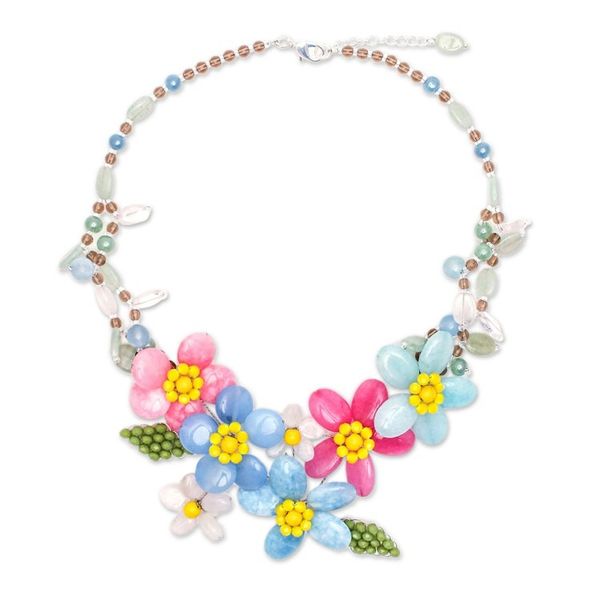 Alternate image for Blue and Pink Spring-Themed Quartz and Glass Beaded Necklace Paradisial Petals