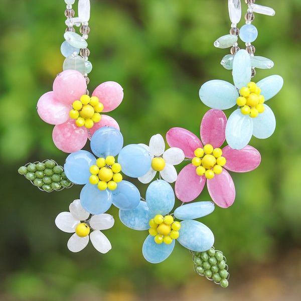 Alternate image for Blue and Pink Spring-Themed Quartz and Glass Beaded Necklace Paradisial Petals