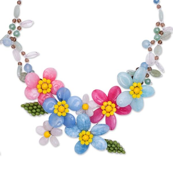 Alternate image for Blue and Pink Spring-Themed Quartz and Glass Beaded Necklace Paradisial Petals
