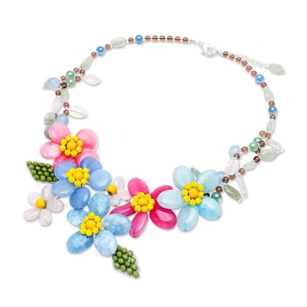 Alternate image for Blue and Pink Spring-Themed Quartz and Glass Beaded Necklace Paradisial Petals