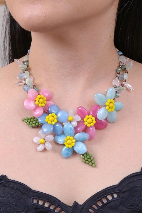 Alternate image for Blue and Pink Spring-Themed Quartz and Glass Beaded Necklace Paradisial Petals