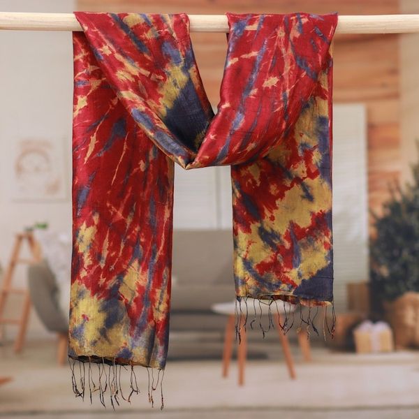 Alternate image for Handcrafted Tie-Dyed Patterned 100 Silk Scarf Medium Lava Sea