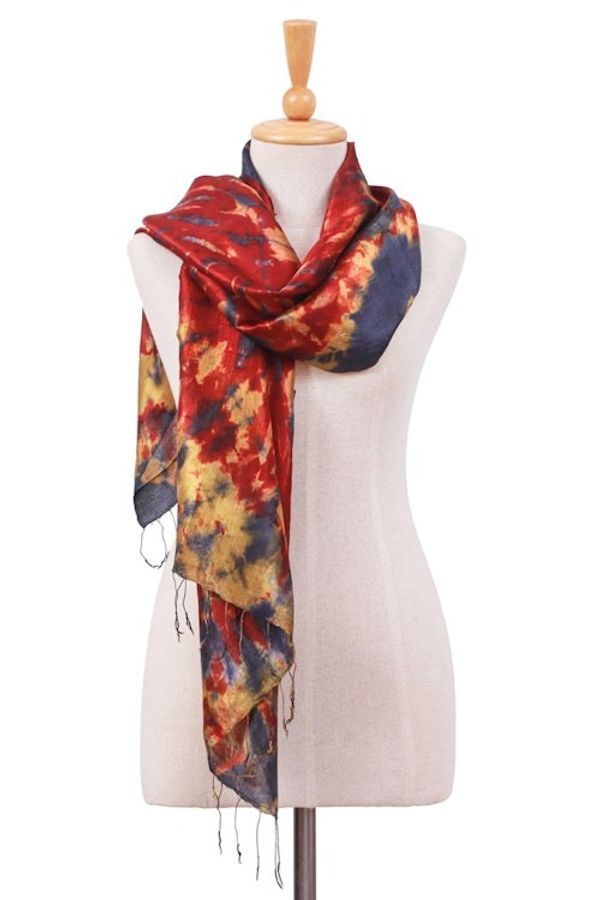 Alternate image for Handcrafted Tie-Dyed Patterned 100 Silk Scarf Medium Lava Sea