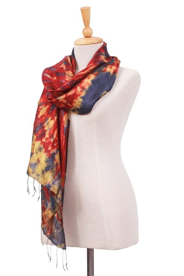 Alternate image for Handcrafted Tie-Dyed Patterned 100 Silk Scarf Medium Lava Sea