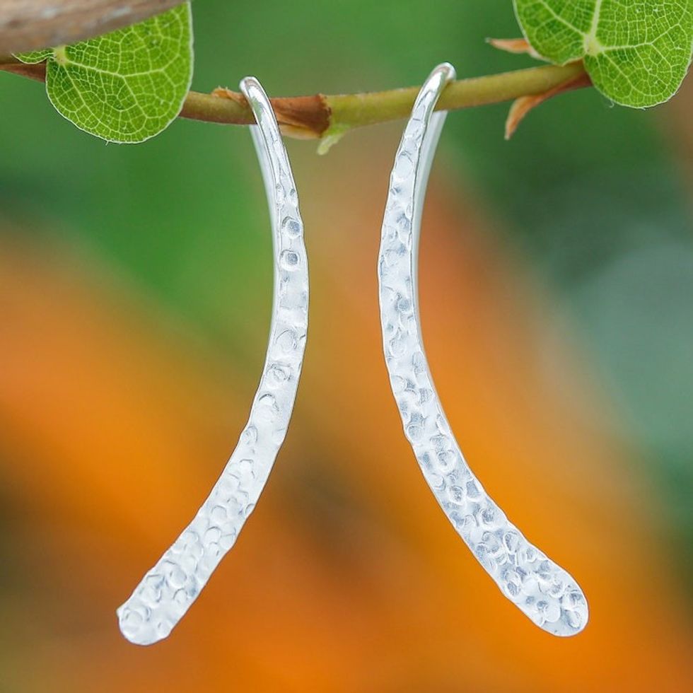 Modern Hammered Sterling Silver Drop Earrings from Thailand 'Hammered Line'