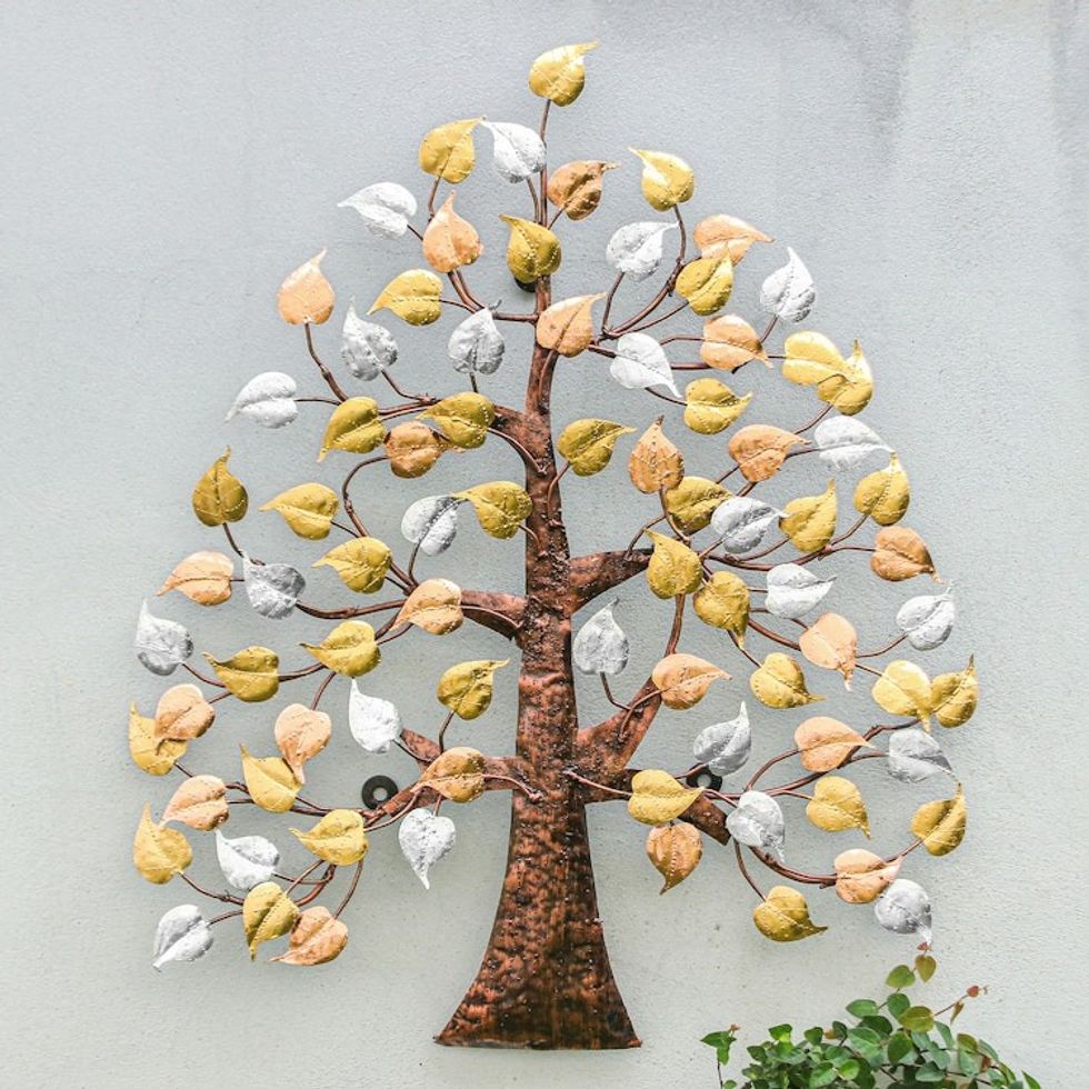 Handmade Nature-Themed Metallic Foil and Steel Tree Wall Art 'Felicitous Nature'